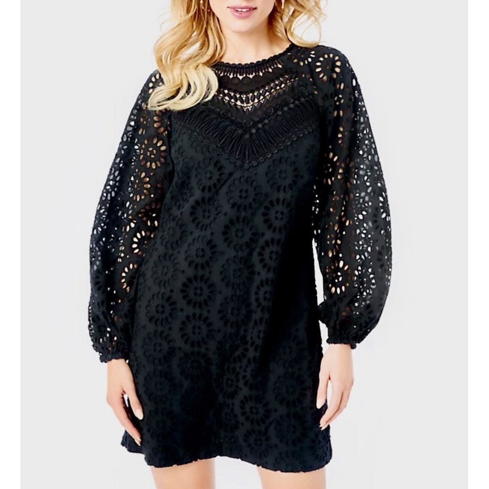 Lily Pulitzer Priscilla Short Dress Womens 8 Black boho Eyelet Long Sleeve Puff